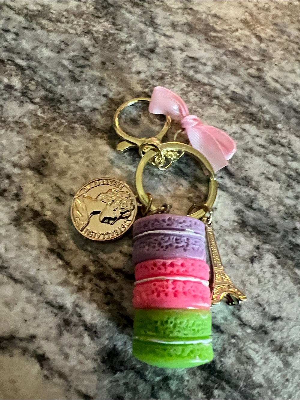 Macaron Stack Keychain Purse Charm with Pink Bow and Eiffel Charm NIP